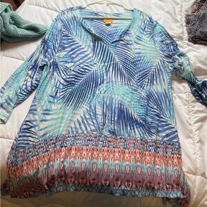 Ruby Rd. Blue and Aqua Palm-Print V-Neck Tunic